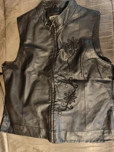 Coldwater Creek black leather Floral Embroidered lined full zip vest size XL - Picture 1 of 3