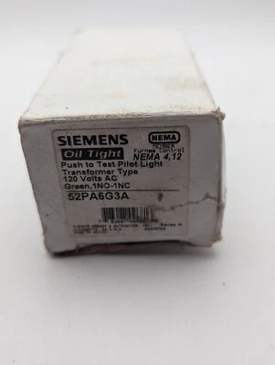 SIEMENS GREEN OIL TIGHT PUSH BUTTON PILOT LIGHT 52PA6G3A, 120 VOLTS - Image 1 of 4