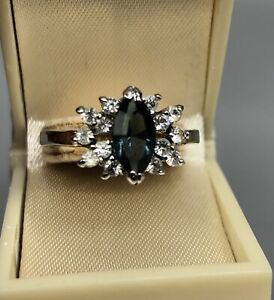 Vintage Taiwan Gold Electroplate Faux Sapphire 7.5 Ring w/ White Cut Crystals /b