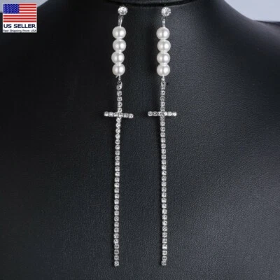 Women Retro Earrings Pearls Crystal Jesus Cross Tassel Gypsophila Bling 0558 - Image 1 of 4