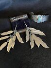 Faux Turquoise Feather Dangle Earrings 3.5” Pierced & Bracelet Native American