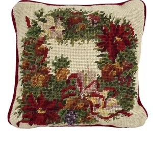 Christmas Needlepoint Pillow Floral Wreath Poinsettias Fruit Holiday Home Decor - Picture 1 of 8