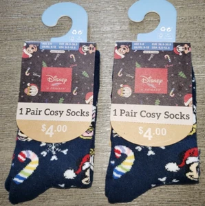 2 pair DARK BLUE DISNEY CHRISTMAS COZY SOCKS ages 3-6 year shoe 9.5-12.5 mickey - Picture 1 of 1