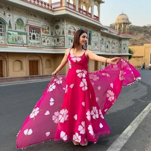 Flower Print Orgenza Frok Style Kurta Indian Wedding Dress Suit For Girls - Picture 1 of 11