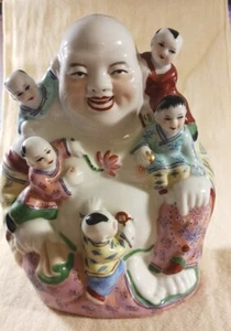 Vintage Hand Painted Laughing Buddha 5 Children Famille RoseJingdezhen Meidiao - Picture 1 of 9