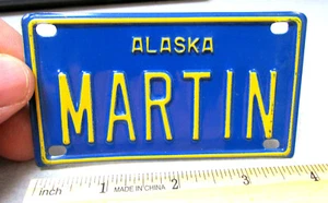 Novelty ALASKA Metal bicycle license plate, 1980s Blue & Gold embossed, MARTIN - Picture 1 of 2