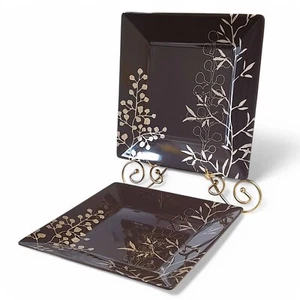 Home Melamine Chocolate & Gold Ribbed 10.5" Square Dinner Plates Set of 2 - Picture 1 of 5