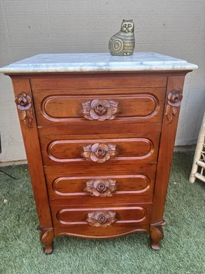 Carved Mahogany Marble Top Four Drawer Nightstand by Victorian  - Image 1 of 4