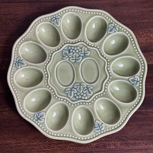 Nice Vtg Green Ceramic Deviled Egg Serving Plate Green 14 Spot Japan 9 1/2in - Picture 1 of 5