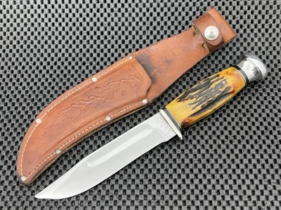 KABAR UNION CUTLERY CO STAG FIXED BLADE HUNTING KNIFE + SHEATH - Image 1 of 4