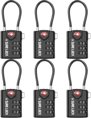 SURE LOCK TSA Compatible Travel Luggage Locks, Inspection Indicator 6 Pack Black