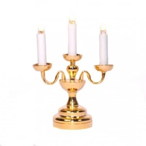 Dolls House 3 Arm Candestick Brass Candelabra Gold Table Lamp LED Battery Light - Picture 1 of 8
