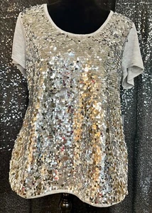 Jennifer Lopez Misses Large Top Silver Full Sequin Front Short Sleeve NWT $48 - Picture 1 of 7