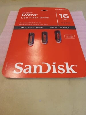NEW 3 Pack SanDisk Ultra USB 2.0 Flash Drive 16GB Up To 15MB/s V34 - Image 1 of 4