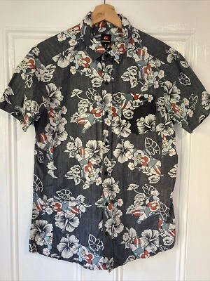 Quiksilver size small distress black retro Hawaiian shirt missile pistols pinup  - Image 1 of 4