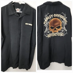 Harley Davidson Men's L Skull Satin Button Down Shirt Black Motorcycle Riding - Picture 1 of 6