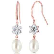14K Solid Rose Gold Fish Hook Earrings w/ Diamonds, Aquamarines & Pearl