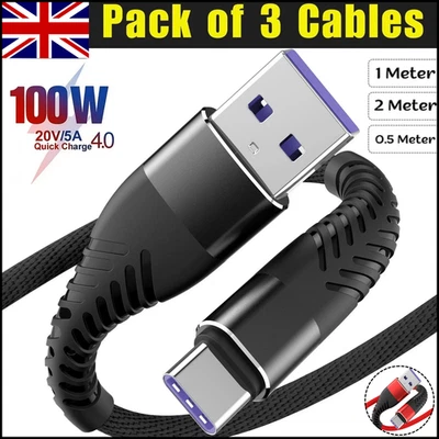 USB A to USB-C Cable Braided Fast Charger Type C Lead For iPhone 15 16 / Samsung - Image 1 of 4