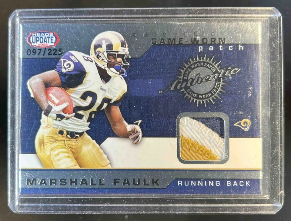 2002 Pacific Heads Update Marshall Faulk Game Worn Jerseys Patch #/225 Rams - Image 1 of 2