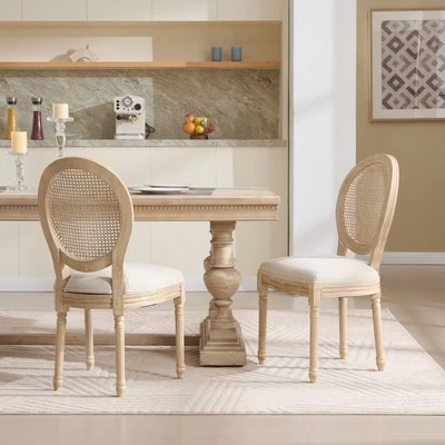 2 Set Linen Fabric Dining Chairs Nature Rattan Round Back Wooden Kitchen  Chairs - Image 1 of 4