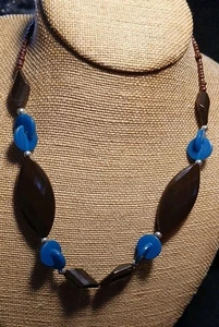 Boho Chic Geimetrische Statement Halskette Braun Blau Acryl Perlen Grob Kühn - Bild 1 von 8