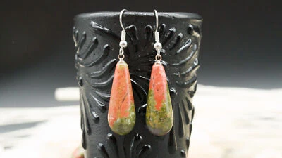Pendientes de cristal natural Unakite piedras preciosas plata lágrima joyería regalo para mujer Foto 1 de 4