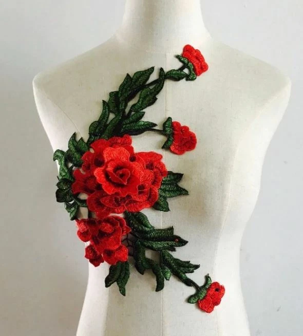Large Red Green Embroidered 3D Applique Flower Patch Sew On DIY Rose Leaf Vine - Image 1 of 1