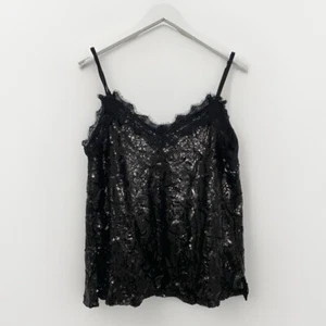 Next Black Sequin Lace Strappy Camisole Vest Top - Size 16 - BNWT - Picture 1 of 8