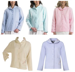 Slenderella Ladies Polar Fleece Button Up Bed Jacket Floral Satin Trim Housecoat - Picture 1 of 26