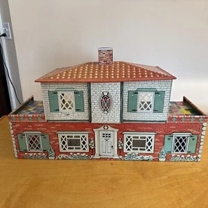VTG 1950s T Cohn Mid Century Tin Litho 2 Story Metal Doll House Side Garage 3 - Picture 1 of 14