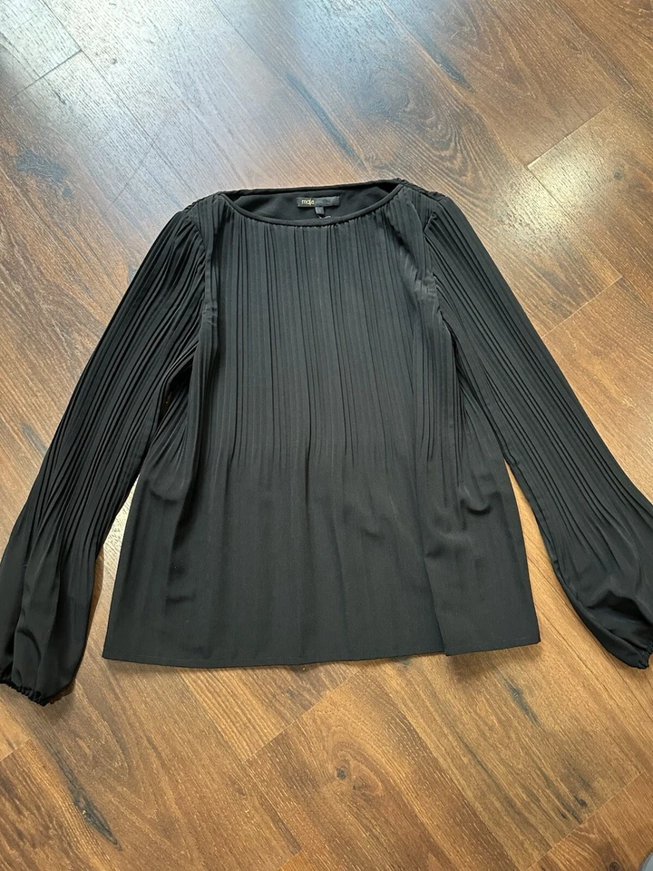 Maje Lockin Pleated Blouse Black Crepe Size 1 Long Sleeve Top - Image 1 of 4