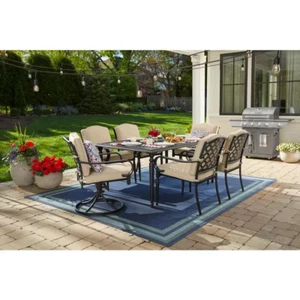 Outdoor Patio Dining Set 7-Piece Dark Brown Steel w/ Beige Cushions Chairs Table - Picture 1 of 11