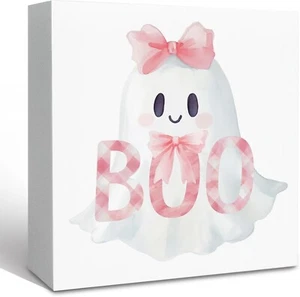 Halloween Ghost Pastel Tabletop Sign Pink Sign Wooden Block Boo box decor desk - Picture 1 of 7