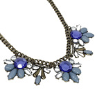 Blue Floral Chunky Pendant Necklace Statement Antiqued Gold Tone Jewelry 18"-21"