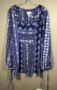 Liz Claiborne Women Plus Sz 3X Blue Gray Red BoHo Blouse Long Sleeve Tunic 7-6 - Picture 1 of 13