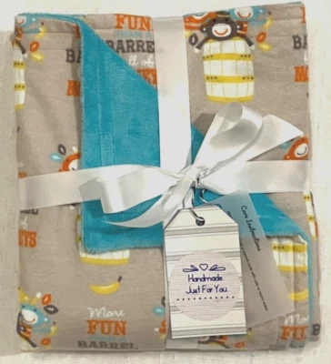 Baby Gift Blanket Barrell Full of Monkeys Minky Flannel Shower Present Handmade - Image 1 of 4