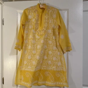 Embroidered White Floral Patterned long sleeve Yellow tunic - Picture 1 of 6