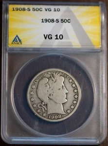 1908-S 50c Barber Half-dollar VG-10 ANACS # 7472031 New Holder + Bonus - Picture 1 of 2