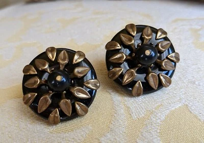 Jan Michaels Onyx & Brass Clip Earrings - Image 1 of 3