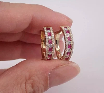 2.00 Ct Round Cut Pink Ruby Huggie Hoop Women's Earrings 14k Yellow Gold Plated - Image 1 of 4