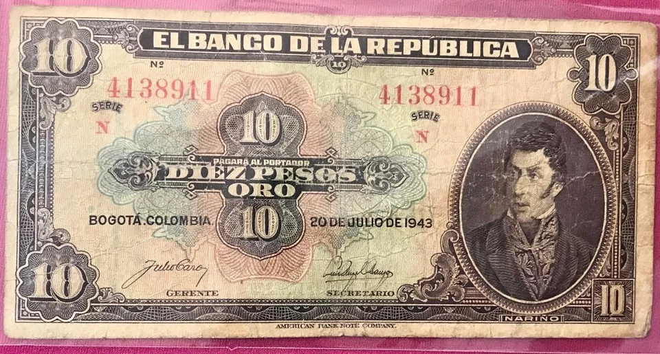 BILLETES ANTIGUOS COLOMBIA 1943 10 PESOS - ANTONIO NARIÑO - REF 800 Foto 1 de 3