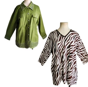(2) Quacker Factory Green Denim Rhinestone Jacket & Pullover Top Sequins Sz 1X - Picture 1 of 24