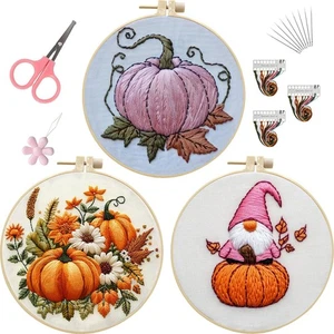 Kit de bordado rosa otoño 3 juegos calabaza lindo gnomo bordado a mano kit de inicio - Imagen 1 de 10