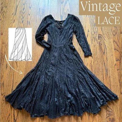 Vintage 90s Black Lace Bias Twirl Dress Whimsy Goth Shabby Chic Victorian Gypsy - Image 1 of 4