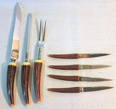 Sheffield Carving Set & Knife Set Bakelite Antler England Stainless Steel MCM - Image 1 of 4