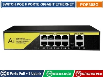 SWITCH POE GIGABIT ETHERNET 10 PORTE 8 PORTE POE + 2 PORTE UPLINK RJ45 1000 MBPS - Immagine 1 di 3