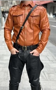 Men's Real Lamb Leather Police Long Sleeves Shirt BLUF TAN Lamb Leather Shirt - Picture 1 of 2
