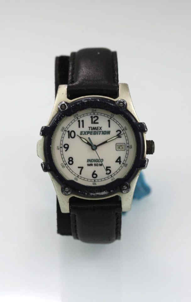 Timex Uomo Orologio Plastica Nero Pelle Wr 24hr Luce Batt 24hr Data Beige Quarzo - Immagine 1 di 4