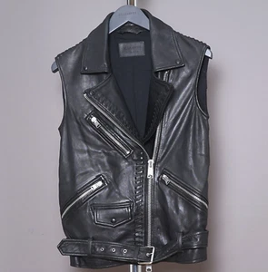 ALL SAINTS Leather Jacket EXTRA SMALL Mens Black Sleeveless Gilet Vest vicious - Picture 1 of 20