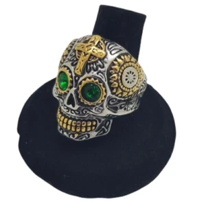 Gothic Green Or Red Sugar Skull Ring Gold Cross CZ Biker Punk Day Of The Dead - Picture 1 of 15